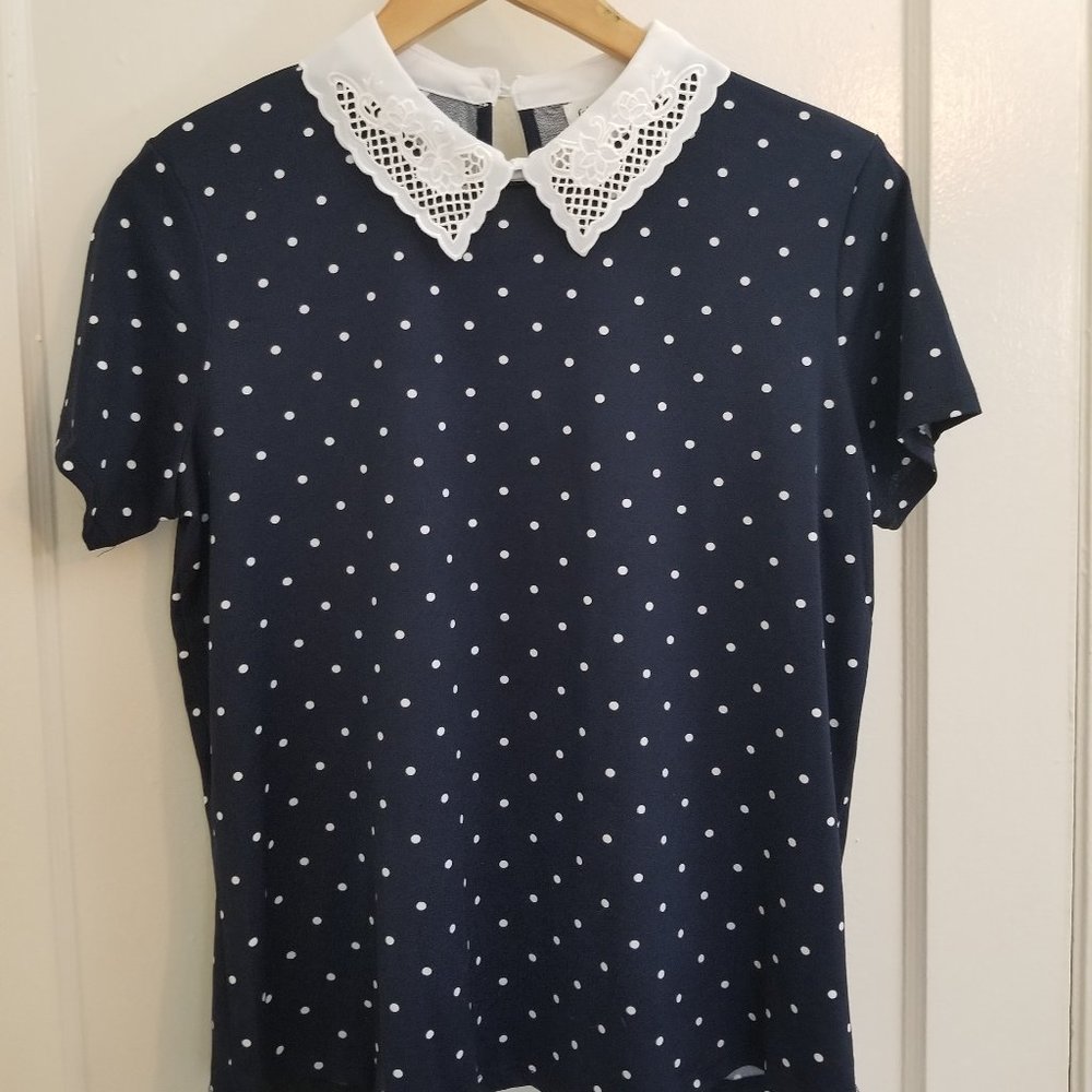Faith And Joy Women's Blouse w/Peter Pan Collar and Polka Dots size Small